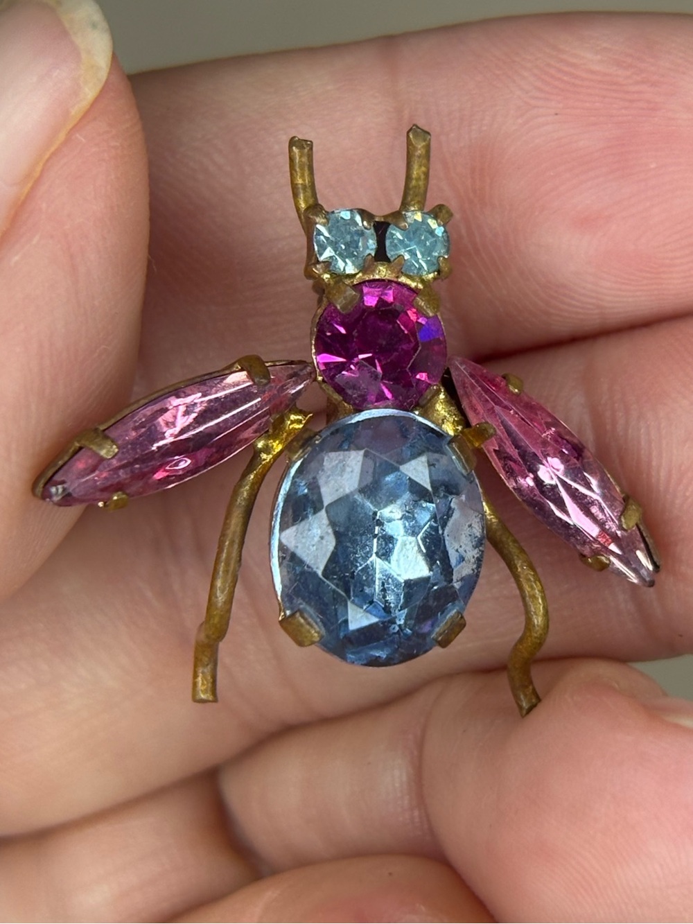 Vintage Austria Rhinestone Bug Brooch Pink Blue Insect Pin